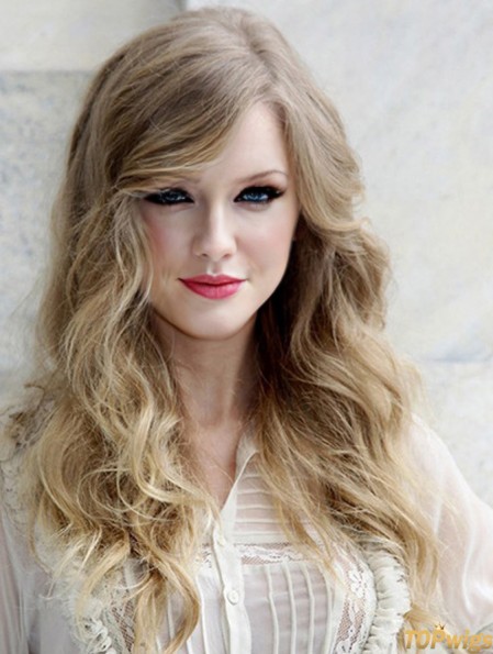 100% Hand-tied With Bangs Wavy Long Blonde Great  Wigs