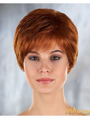 Auburn Curly Synthetic Short With Bangs Mono Filament Wigs