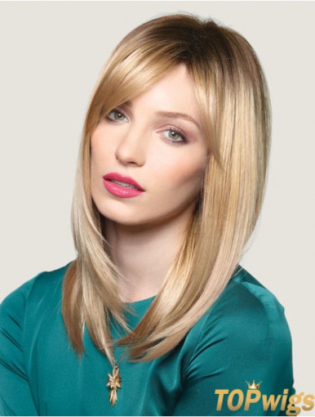 Blonde 16 inch Convenient Long Straight With Bangs Lace Wigs