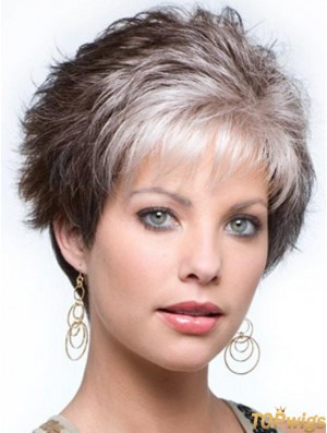 Capless Curly Cropped 4 inch Salt And Pepper Grey Wigs