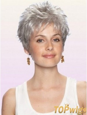 Grey Wig With Capless Cropped Length Boycuts Wavy Style