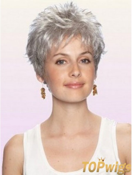 Grey Wig With Capless Cropped Length Boycuts Wavy Style