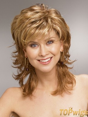 Shoulder Length Layered 13 inch Wavy Blonde Medium Wigs