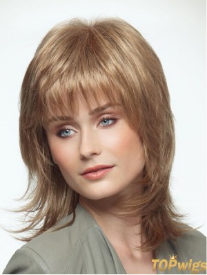 Shoulder Length Layered 14 inch Straight Blonde Medium Wigs