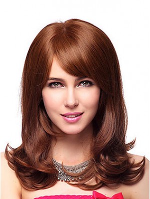 Shoulder Length With Bangs 20 inch Wavy Auburn Medium Wigs