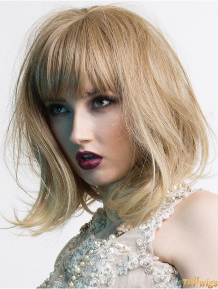 Shoulder Length With Bangs 14 inch Wavy Blonde Medium Wigs