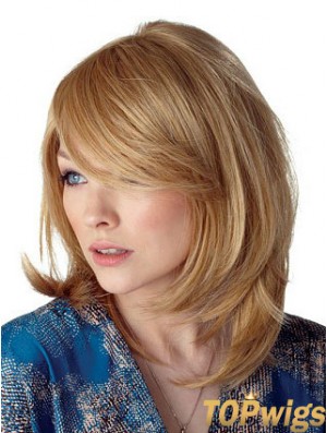 Cheapest Straight Blonde Shoulder Length With Bangs Medium Wigs