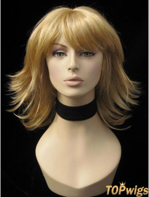 Convenient Straight Blonde Shoulder Length With Bangs Medium Wigs