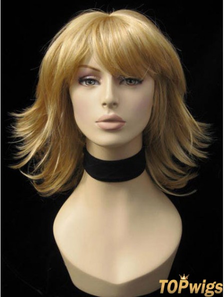 Convenient Straight Blonde Shoulder Length With Bangs Medium Wigs