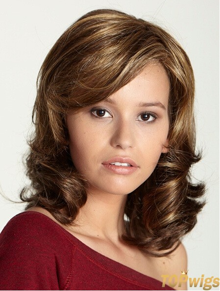 Shoulder Length With Bangs 15 inch Curly Brown Medium Wigs