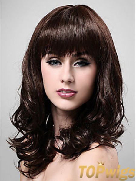 Shoulder Length With Bangs 20 inch Wavy Brown Medium Wigs