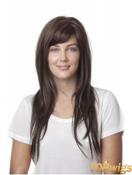 Ideal Brown Straight With Bangs Monofilament Long Wigs