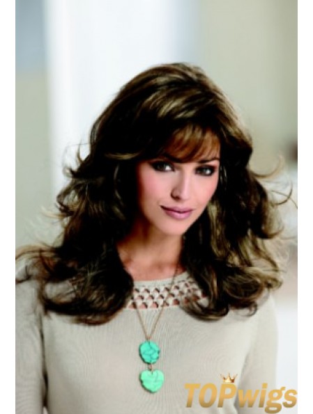 Sleek Brown Wavy With Bangs Capless Long Wigs