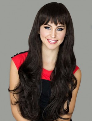 Designed Black Wavy With Bangs Capless Long Wigs