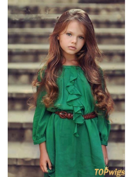 Wavy Long Auburn Remy Human Hair Monofilament Kids Wigs