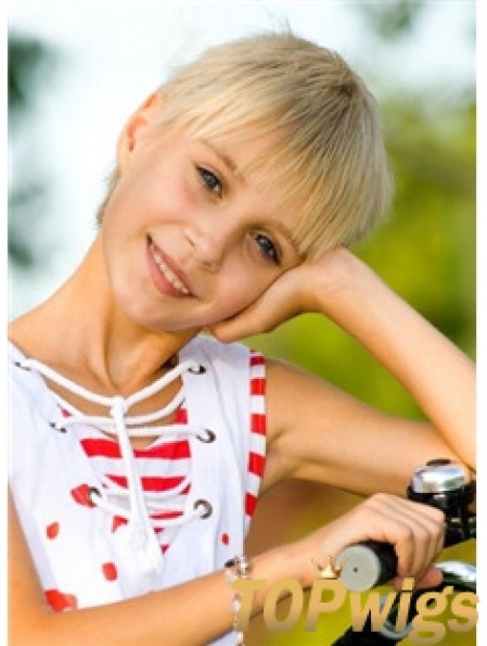 Straight Short Blonde Remy Human Hair 100% Hand-tied Kids Wigs