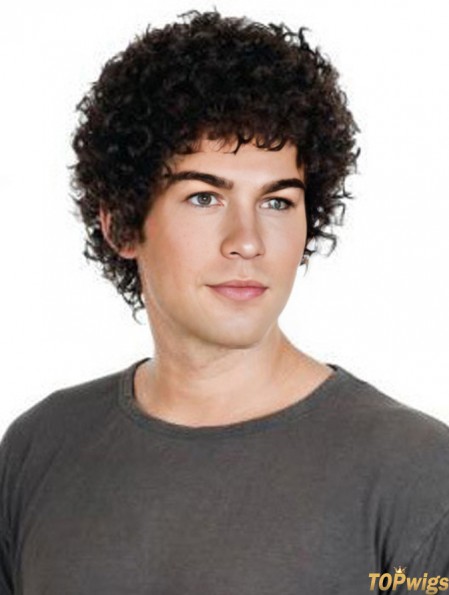 Full Lace Short Remy Human Black Straight Mens Curly Wig