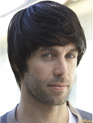 100% Hand Tied Short Black Straight With Bangs Professional Wigs Men 