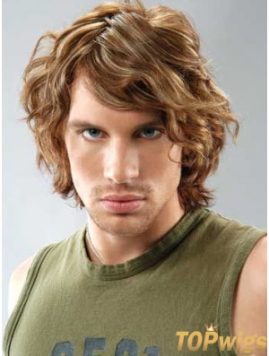 Lace Front Brown Remy Human Curly With Bangs Men's Wigs In UK