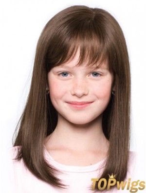 Straight Shoulder Length Brown Synthetic 100% Hand-tied Kids Wigs