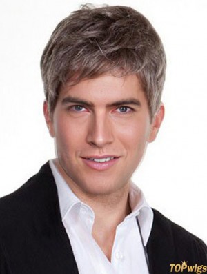 Straight Grey 100% Hand Tied Remy Human 6 inch Silk Wigs For Men