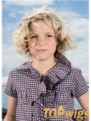 Curly Chin Length Blonde Synthetic 100% Hand-tied Kids Wigs