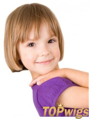 Straight Short Blonde Remy Human Hair 100% Hand-tied Kids Wigs