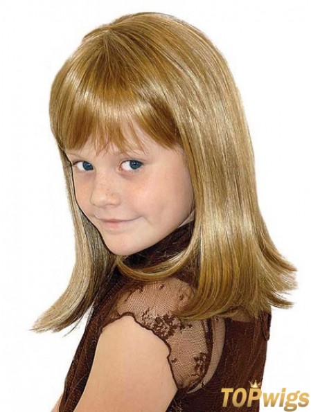 Straight Shoulder Length Blonde Synthetic 100% Hand-tied Kids Wigs