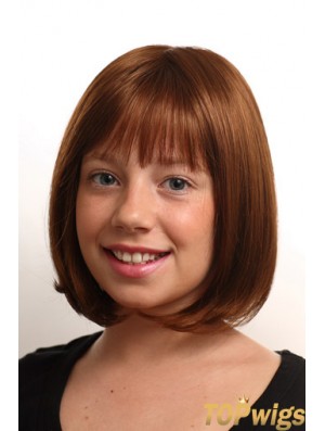 Straight Chin Length Auburn Synthetic Monofilament Kids Wigs