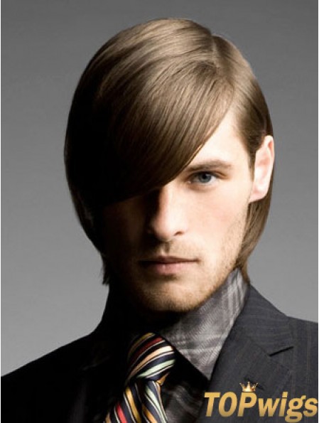 Brown Chin Length Remy Human Straight Wig For Man