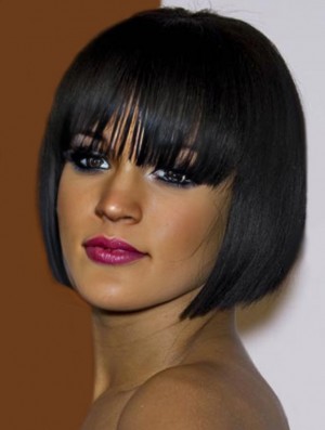 Black Straight With Bangs 100% Hand-tied 10 inch Affordable  Wigs