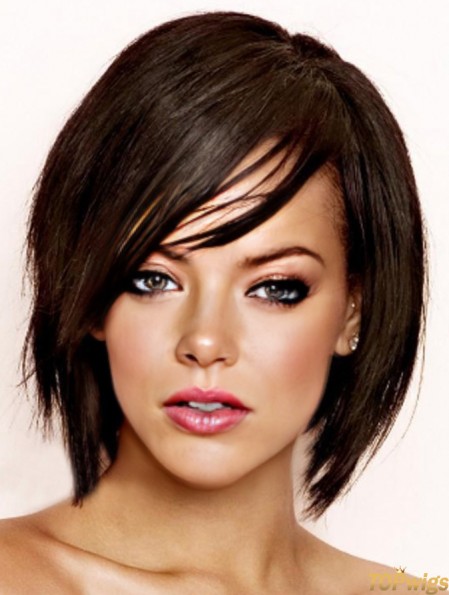 Black Straight With Bangs 100% Hand-tied 8 inch Soft  Wigs