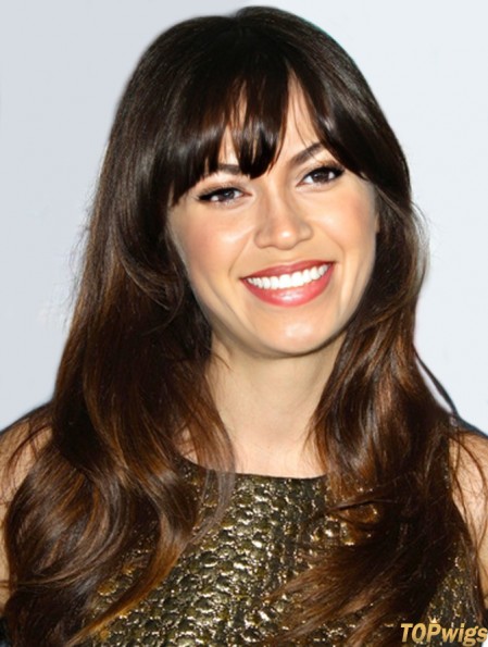 No-Fuss Brown Long Wavy 22 inch With Bangs Zooey Deschanel Wigs