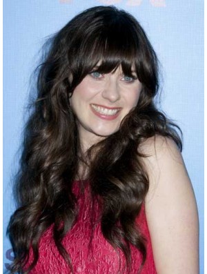 Ideal Black Long Curly 25 inch With Bangs Zooey Deschanel Wigs