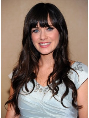 Fashionable Black Long Wavy 25 inch With Bangs Zooey Deschanel Wigs