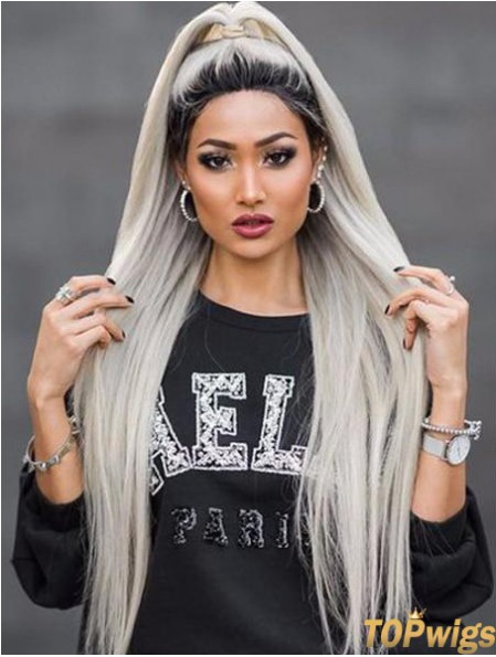 38 inch Lace Front Long Synthetic Grey Without Bangs Wigs