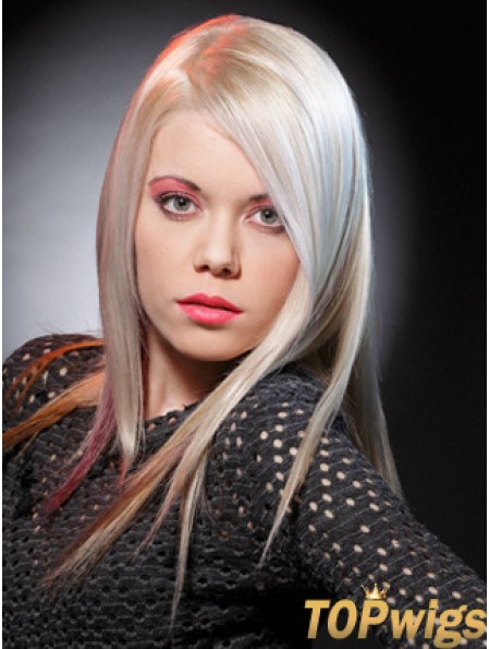 Lace Front Without Bangs Long Straight 16 inch Platinum Blonde Good Fashion Wigs