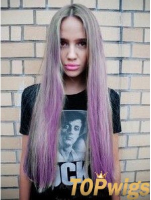 Fashionable Ombre/2 Tone Long Straight Without Bangs 28 inch Human Lace Wigs