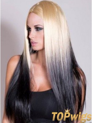 Suitable Ombre/2 Tone Long Straight Without Bangs 22 inch Human Lace Wigs