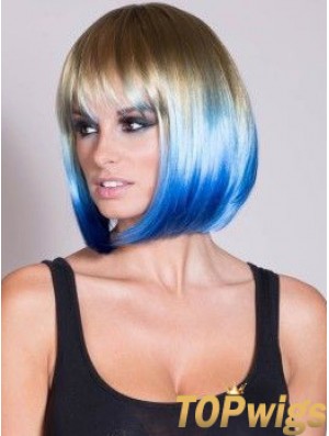 Discount Ombre/2 Tone Short Straight With Bangs 14 inch Human Lace Wigs