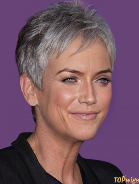 Real Hair Wigs For Women With Capless Short Length Grey Cut