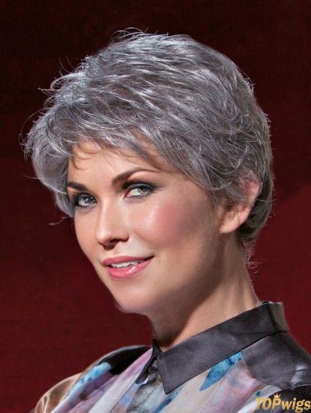 Ideal Short Wavy 100% Hand-tied Grey Wigs