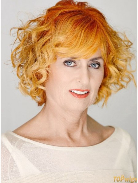 Fabulous Copper Chin Length Curly With Bangs 12 inch Human Hair Wigs